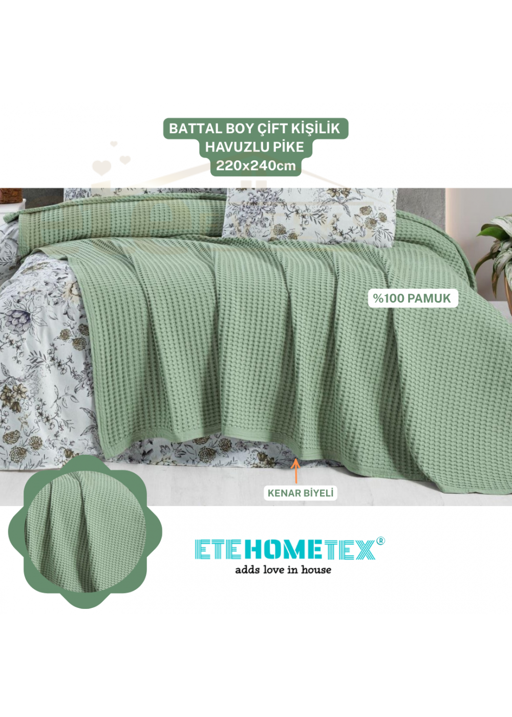 ETEHOMETEX HAVUZLU PİKE ÇİFT KİŞİLİK 220X240CM YEŞİL 8696474231847